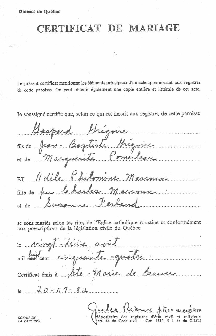  Gaspard and Fanny Gregoire Marriage Certificate 